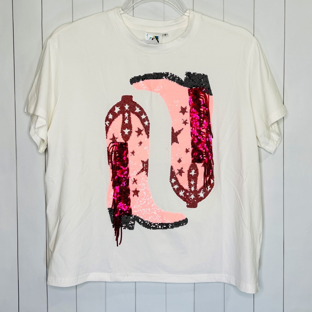 Queen of Sparkles QOS Pink Sequin Fringe Star Cowgirl Boots Nashville Rodeo Tee